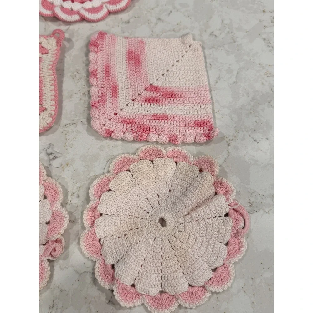 Vintage Crochet Potholders Trivets Set‎ of 5 Pink Cream Handmade Granny Square